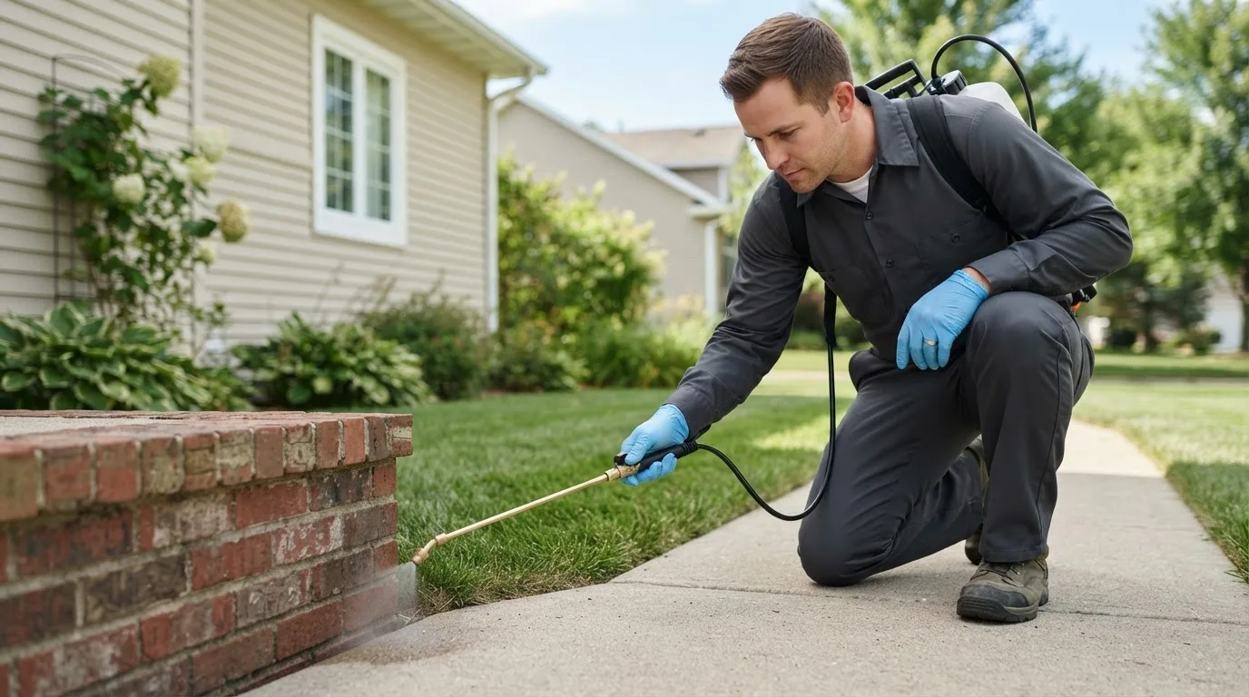 Pest control technician treating a home near Plymouth, MI
