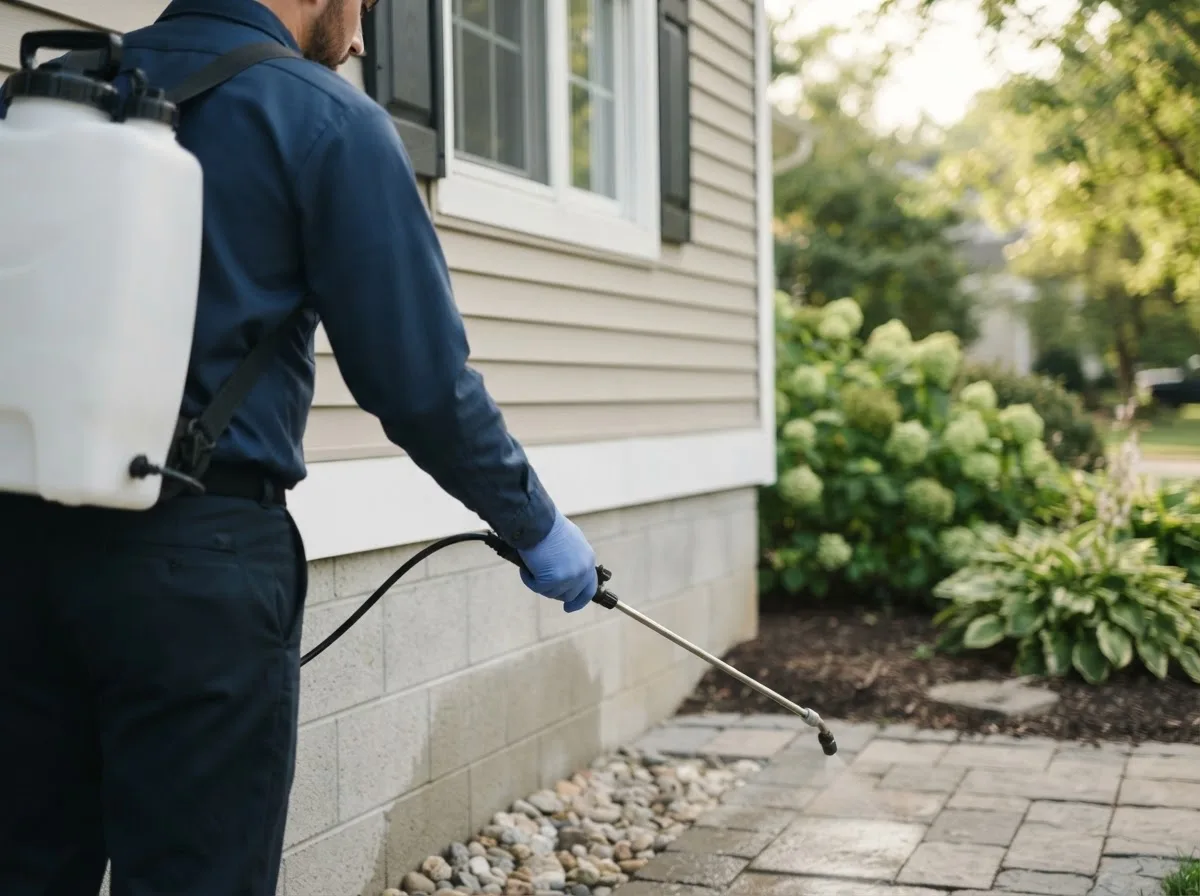 Pest control technician inspecting a home in Plymouth, MI